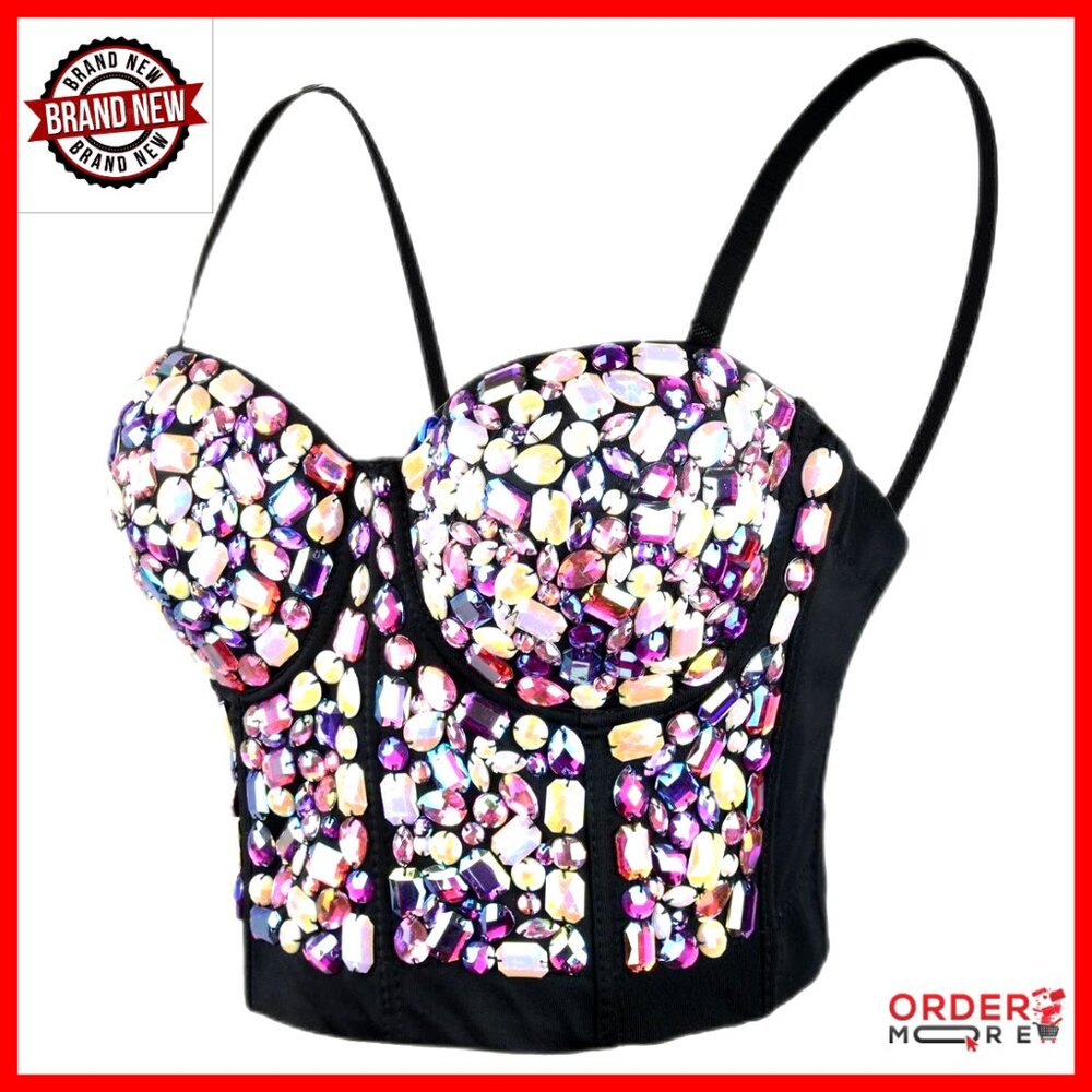 Rhinestone Bustier Crop Top Glitter Corset Adjustable Straps Party Club Wear